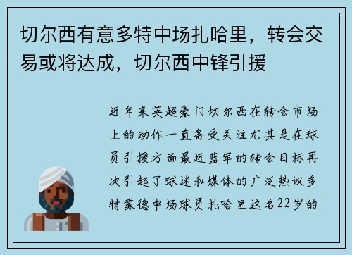 切尔西有意多特中场扎哈里，转会交易或将达成，切尔西中锋引援