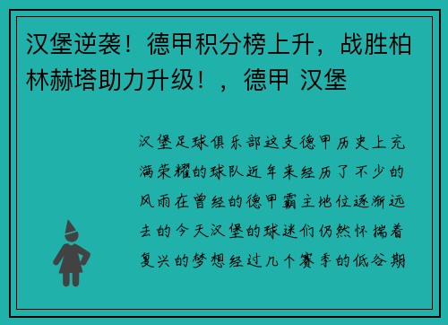 汉堡逆袭！德甲积分榜上升，战胜柏林赫塔助力升级！，德甲 汉堡