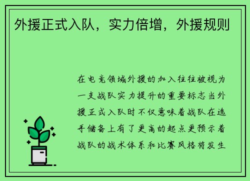 外援正式入队，实力倍增，外援规则