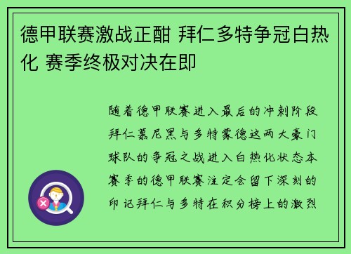 德甲联赛激战正酣 拜仁多特争冠白热化 赛季终极对决在即