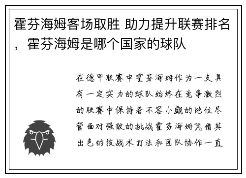 霍芬海姆客场取胜 助力提升联赛排名，霍芬海姆是哪个国家的球队